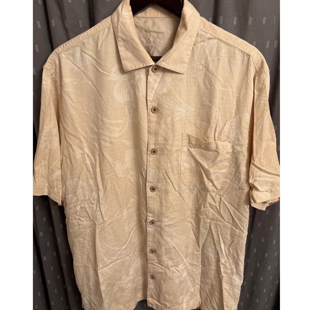 Tommy Bahama Mens Large 100% Silk Short Sleeve Tropical Floral Camp Shirt Tan